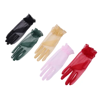 1 Чифт Женски ръкавици, Черни дантелени Ръкавици, Ръкавици за пълен пръст, Модерни Къси тюлевые Ръкавици, Разтеглив ножици за етикет във формата на листа на Лотос