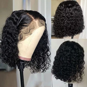 12-Инчови къдрава къса перуки, изработени от човешка коса с Т-образна средата или в страничната част, перуки-боб за черни жени, на вълните на водата, мокри и вълнообразни перука на дантели отпред