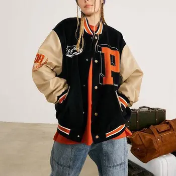 2022, нова бейзболна униформи в стил ретро, кожена простроченная яке, дамски есенно-зимно яке-бомбер с бродерия в стил хип-хоп с дълъг ръкав