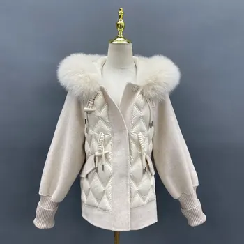 2023, есенно-зимния ново двустранно вълна палто, дамско яке с качулка от лисьего кожа на гусином топола, меховое палто