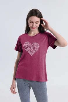 2023 Женски Свободен Топ с кръгло деколте и писмото принтом във формата На Сърце, Тениска с къс ръкав, Дамски