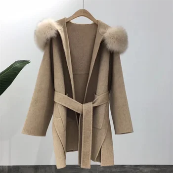 2023 Кашемирово-вълна палто от смесовой вълна с естествена кожа, зимно яке, женска горна дреха с яка от естествен лисьего кожа, Колан, Градинска облекло оверсайз