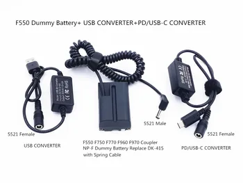 5 В USB кабел + USB-C PD конвертор + NP-F Фиктивен Батерия Пружинен Кабел DK-415 За Sony HXR-NX5 HXR-NX100 PXW-Z150 NEX-FS100 AC-VL1