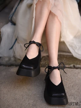 Artmu Дамски обувки от естествена кожа върху плоска платформа с квадратни пръсти в ретро стил 2022, пролетен дамски ръчно изработени обувки на платформа, оригинална