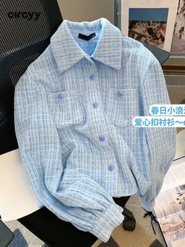 Circyy Дамско яке пролет-есен 2022, Нова риза, палто, Дамска свободни корейски модни блузи с копчета във формата на сърце, дълъг ръкав, отложной яка
