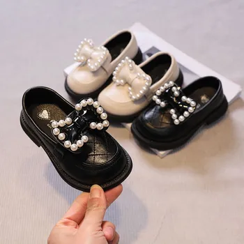 COZULMA/ елегантни кожени обувки с перли и папийонка за момичета, пролетно-есенен детски обувки на равна подметка, без закопчалка за момичета, Размер 21-34
