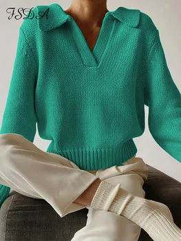 FSDA, Зелен Пуловер с дълъг ръкав, вязаный женски пуловер с V-образно деколте, есен-зима 2021, модерен пуловер, всекидневни черен Топ