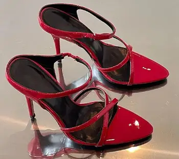 Moraima Snc, червени обувки на висок ток с остър пръсти, летни секси гладиаторски сандали с тесни кожена каишка, модела обувки в черен цвят