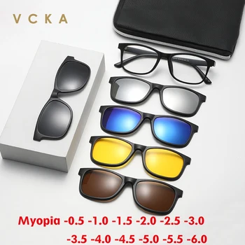 VCKA 5 + 1 Модни слънчеви очила от късогледство, дамски рамки за очила, квадратна магнитни клипса, очила по рецепта, мъжки слънчеви очила, от -0,5 ДО-6,0