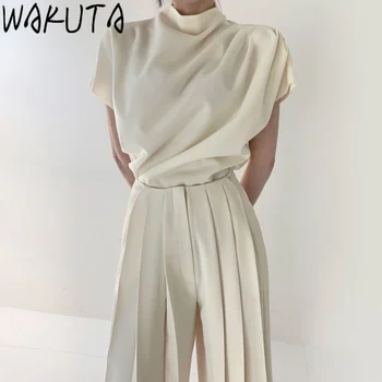 WAKUTA Официално елегантни блузи с гънки около врата, плисирани панталони с висока талия, комплект от 2 теми, летните корейски официални обикновена свободни костюми