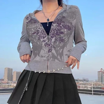 Xingqing y2k Фея Гръндж Coat Естетиката на 2000-те години, Блузи с качулка и дълъг ръкав с принтом крилата на Ангела, дамско яке, къси Дрехи, Градинска облекло