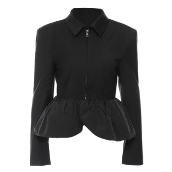 Безплатна доставка, пролетно-есенна стилна черна риза, дамски къси якета с буйни подолом, палта, градинска облекло за партита