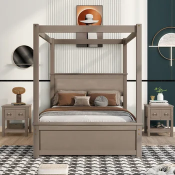 Голямо Дървено легло с балдахин, раскладушкой и две нощни шкафчета, Спален комплект - Матово Светло кафяв, Светло Кафяв, Масив