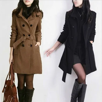 Дамски есен и зима Нов двубортный големи корейски тънък Fit със средна дължина, двойно руно палто ветровка