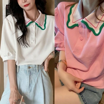 Дамски летни тениски с пищни ръкави, сладък контрастен цвят, яка с ревери, блуза копчета отпред, без пуловер, съкратен топ