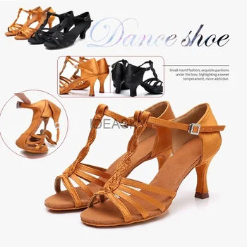 Дамски професионални обувки за латино танци-Салса, танго, бални обувки за танци-Самба, женски меки танцови обувки на висок ток 5 см/7 см. цвят Черен