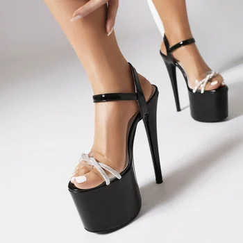 Дамски сандали; Летни Модни Удобни дамски сандали с отворени пръсти; Нови Пикантни вечерни дамски обувки на тънък ток, с кристали височина 17 см; големи размери 34-43