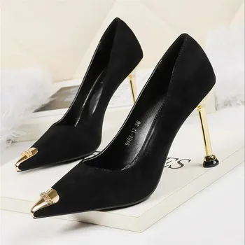 Дамски сладки обувки с остър пръсти на метален ток за парти, дамски модни удобна пролетно-лятна офис обувки на токчета Zapatos E112
