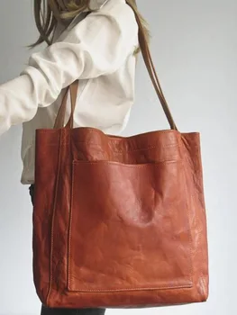 Дамски Чанти в ретро стил от мека кожа с отворен външен джоб, вътрешен джоб с цип, чанти, книги, чанти през рамо