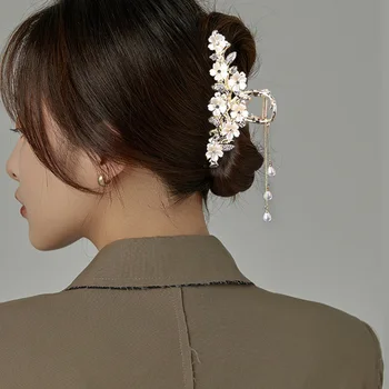 Дамски шнола с перлата на цвете и пискюл, скъпа скъпа шнола за коса, модерен, елегантен прическа за момичета, корейски изискани аксесоари за коса