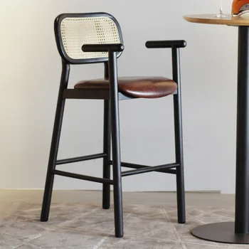Дървена дизайнерски висок бар стол за дневна, фризьорски салон стол с ергономичен стол за кафе от ратан, Меки шезлонги, мебели за бар, мебели за дома XY50BC