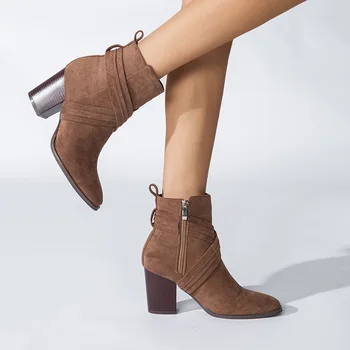 Есенно-зимни нови къси ботуши на висок дебел ток с квадратни пръсти, велурени ботуши с телесен цвят, модерни ежедневни престрелки ботуши, дамски обувки