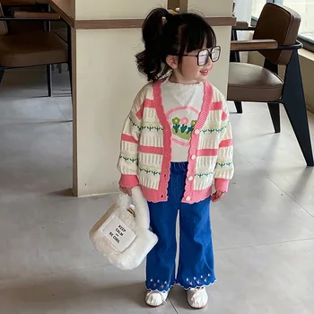 Есента е нов корейски пуловер-жилетка за момичета 2023 г., детски сладък деним костюм-клеш, комплект от две части за момиченца, дрехи за момичета