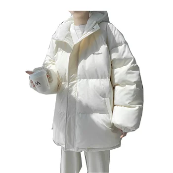 Зимата свободно памучни палто с качулка от вълна агнешко с бродерия, мъжки памучен яке голям размер за хляб, мъжки памучен яке