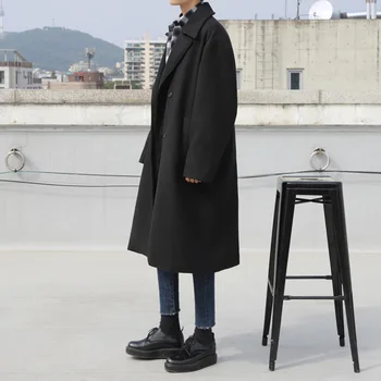 Зимна корейската версия мъжки дълъг дебели вълнени палта, свободно и ежедневна красив черен вълнени палта с ревери.