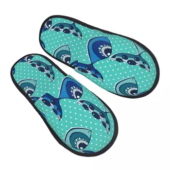 Зимни дамски мъжки нескользящие чехли на равна подметка с рибки на син фон, мека топла обувки на меху за помещения