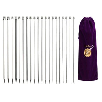 Игли за плетене, набор от преки спици с един заострением, 22 бр. метални къси игли за плетене и удобна чанта за съхранение