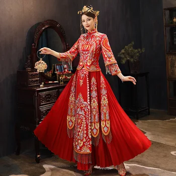 Китайското Традиционно висок клас Сватбена рокля С Бродерия Феникс Дама, Костюм От Сатен, Ретро Класически Чонсам китайското рокля