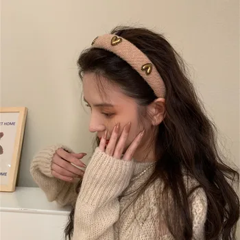 Корейски модни вълнени ленти на главата във формата на сърца, елегантен черен порести панделка за коса, високо качество на шапки за момичета, дамски аксесоари За коса
