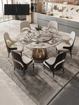 Кръгла маса с луксозна мраморна боя за печене в италиански стил, маса за хранене висок клас на вилата, дизайн на кръгла маса