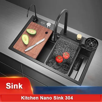 Кухненска мивка от неръждаема стомана SUS304 Nano, Домакински купа, Мивка, мивка, смесителна батерия за водопада на дъждовна вода, безплатен подарък