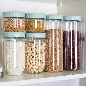 Кухненски прозрачен контейнер за съхранение на храна с капаци, Здрав фланец гърне, зърнени храни, боб, Ориз, Запечатани пластмасова банка за сухо мляко
