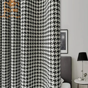 Леки луксозни черно-бяло каре двустранни затъмнени завеси от шенилна по поръчка за хола, спалня