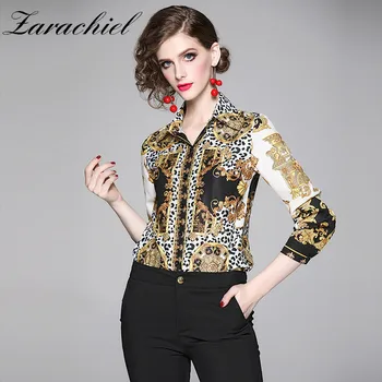 Модерни Дизайнерски дамски блузи с дълъг ръкав и винтажными златни тотемами с леопардовым принтом, Риза, дамски офис улични върхове, Свободни блузы