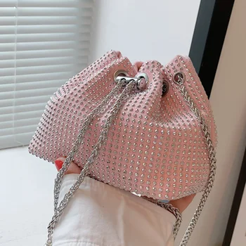 Модни Дамски Чанти през рамо с диаманти, маркови чанти-кофа за съвсем малък, Дамски розови, Сини Торби през Рамо, Чанти-незабавни посланици на веригата