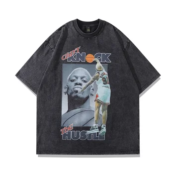 Мъжки градинска дрехи, выстиранная тениска Оверсайз, хип-хоп тениска с изображение на Денис Родмана, лятна памучен свободна риза в стил харадзюку