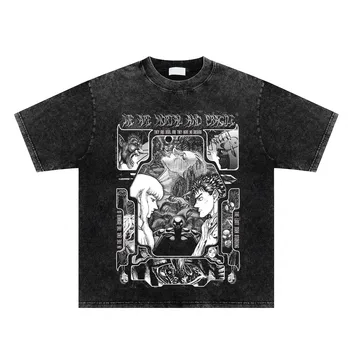 Мъжки градинска дрехи, реколта черна тениска Оверсайз, тениска с принтом аниме Харадзюку, летни памучни блузи с кръгло деколте, свободни выстиранные тениски