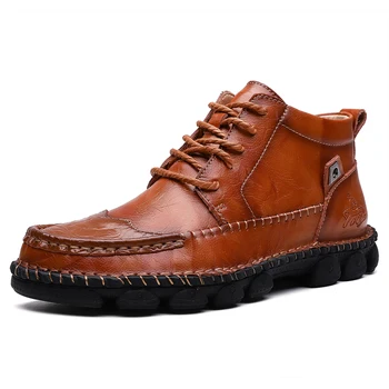 Мъжки кожени ботильоны дантела, мъжки обувки с високо качество, мъжки реколта британски военни обувки, есен-зима, големи размери 38-48