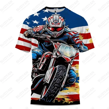 Мъжки креативна тениска с американския флаг и принтом мотоциклет, летни модни улични популярните тениски, ризи с къс ръкав