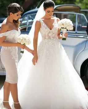 Нов Прием на сватбена рокля в стил бохо с V-образно деколте, 2019, халат mariage, Дантелени апликации, сватбени рокли, Trouwjurk, роклята на булката, Vestido de noiva