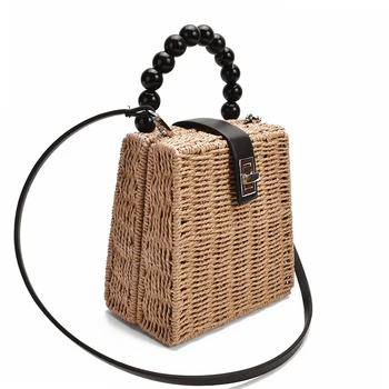 Нова дамска сламена чанта, дамска чанта през рамо, книжен въже, дръжка от мъниста, чанта, Кутия, Чанта През Рамо, Чанти за Плаж, Почивка