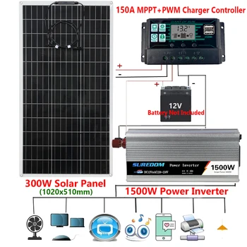 От 12 до 110/220 В Слънчева Енергийна система 300 W ПАТ слънчев Панел + 150A Контролер на Заряд + 1500 W Автомобилен Инвертор Kit За Производство на Слънчева Енергия