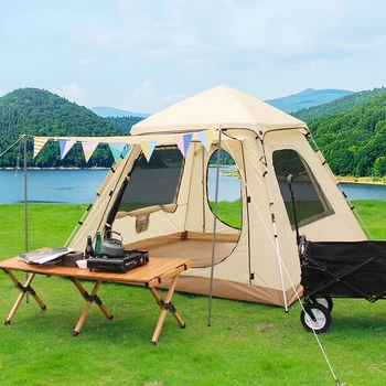 Палатка за къмпинг, за 3-4 човека с автоматично алуминиев шестия 3-4 човека, голяма палатка за нощуване на открито, удебелена солнцезащитная и непромокаемая