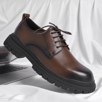 Пролетно новост, черна кожена обувките на дебела подметка в британския стил, мъжки бизнес обувки, оксфордские обувки с дантела, висококачествени ежедневни обувки