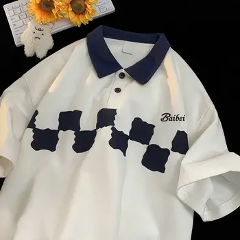 Реколта модни градинска риза с къси ръкави, мъжки и дамски тениски с къс ръкав, годишният американски свободен карирани топ с ревера и с къс ръкав