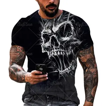 Реколта мъжки тениски с 3D принтом черепа ужас, лятна класическа ежедневна тениска с кръгло деколте и къси ръкави, свободни модни върхове Оверсайз тениска за мъже